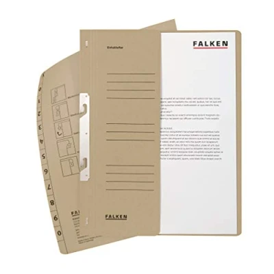 Abbildung von Original Falken 50er Pack Einhakhefter. Made in Germany. Aus Recycling Karton mit halbem Vorderdeckel und Behördenheftung für DIN A4 grau Hefter Sammelmappe Dokumentenmappe