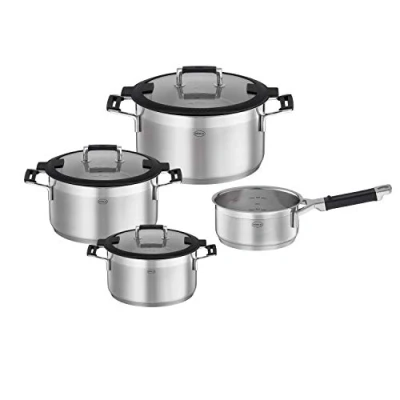 Abbildung von RÖSLE SILENCE PRO Topf Set 4 teilig, hochwertiges Universaltopfset mit 3 Kochtöpfen und 1 Stielkasserolle, Edelstahl 18/10, Glasdeckel, Innenskalierung, induktion &amp; spülmaschinengeeignet, Silberfarben