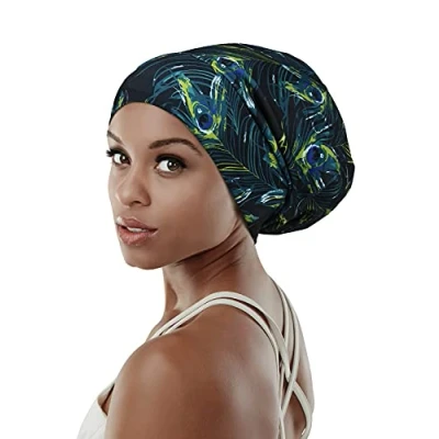 Abbildung von FocusCare Schlafmütze mit weichem Bambus Satin gefüttert, für Damen Langen Haaren oder Zöpfen, Blaues Tarmuster