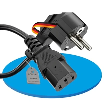 Abbildung von sonero Stromkabel Kaltgerätekabel 3 Polig, 10,0m, 90 Winkel Schutzkontakt Schuko Stecker Netzstecker auf Kaltgerätekupplung C13 Buchse, Netzkabel Netzteil Strom Kabel für Monitor PC Drucker, Schwarz