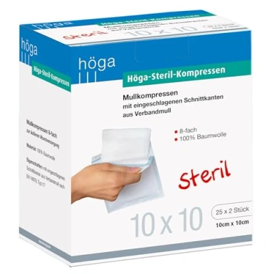 Abbildung von Höga Steril Kompressen, sterile Mullkompressen 10 x cm 25x2 Stück, steril, 8 fach, EN 14079 Typ 17