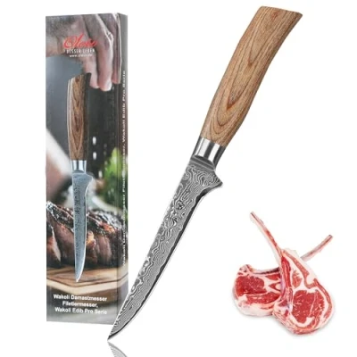 Abbildung von Wakoli EDIB Pro Premium Damast Ausbeinmesser mit 14 cm Klinge gefertigt aus 67 Lagen echtem Damaststahl Pakkaholzgriff I Damastmesser Küchenmesser und Profi Kochmesser