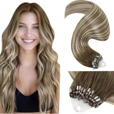 Abbildung von LaaVoo Microring Extensions Echthaar Balayage Mit Ombre Hellbraun to Platinblond Haarverlängerung Microrings 55cm 50g 1g/s #8/60/8