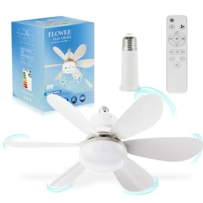Abbildung von OKYUK Ventilator Deckenleuchte, Deckenventilator mit Beleuchtung, zeitliche Koordinierung, dimmbare Farbtemperatur, E26/E27 Sockel, 48 cm kleiner Fernbedienung Leise Deckenlampe (Weiß)