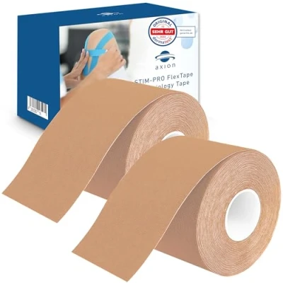 Abbildung von axion Kinesiologie Tape 2er Set 500x5cm 2 Rollen wasserfeste, hautfreundliche, elastische und selbstklebende Bandage Physio optimal für Sport &amp; Alltag (Beige)