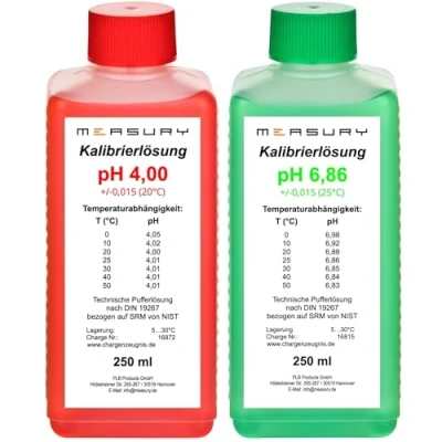 Abbildung von Measury pH Kalibrierlösung 4.00 und 6.86 hergestellt in Deutschland, Pufferlösung je 250ml, Eichlösung Rot/Grün, Kalibrierflüssigkeit Set Eichflüssigkeit