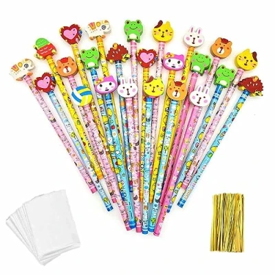 Abbildung von JZK 24x Holz Graphitstift Set mit Cartoon Radiergummi für Kinder, Partygeschenke, Mitgebsel, Geburtstag, Weihnachten, Party Jungen und Mädchen