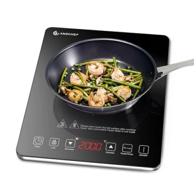 Abbildung von Induktionskochfeld, AMZCHEF einzel induktionskochplatte mit ultradünnem Design, 20 Temperaturstufen und Leistungseinstellung, 2000W Induktionskochfeld 1 Platte, 3 Stunden Timer, Sicherheitsschloss