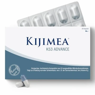 Abbildung von Kijimea® K53 Advance Darmbakterien Kapseln hochdosiert 53 ausgewählte Mikrokulturen Stämme aus der Darmflora mit Biotin &gt;500 Milliarden KBE je Packung laktosefrei glutenfrei 28