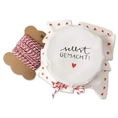 Abbildung von 25 Marmeladendeckchen selbst gemacht Gläserdeckchen Weiß mit Herzchen zum beschriften für Eingemachtes &amp; selbstgemachte Marmelade, Recyclingpapier Abreißblock + 10 m Garn Justiergummi