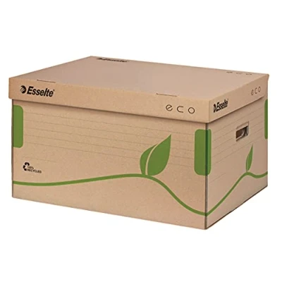 Abbildung von Esselte Eco Archiv Container mit Deckel Oben, Ideal für A4 Schachteln, 5 x 80 mm/4 100 mm, Transportbox, 100% recycelte und recycelbare Wellpappe, 10 Stück, Naturbraun, 623918