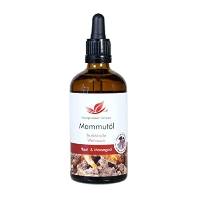Abbildung von Naturprodukte Schwarz Mammutöl Massageöl zur Muskelentspannung mit Teufelskralle, Weihrauch, Arnika Öl und Beinwell, 50ml