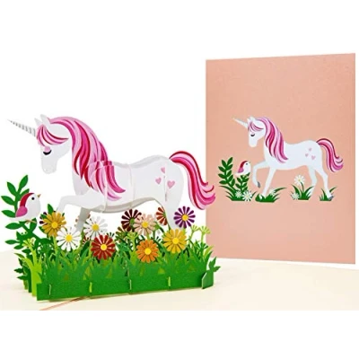 Abbildung von LIMAH® Pop Up 3D Geburtstagskarte für Kinder Happy Birthday. Geschnekkarte mit einem Einhorn Mädchen. Einladungskarte zur Geburtstagsfeier/ party.