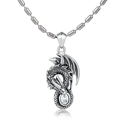 Abbildung von DonDon Herren Halskette Edelstahl 55 cm und Drachen Anhänger aus mit weißem Stein in einem Samtbeutel