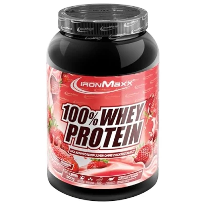 Abbildung von IronMaxx 100% Whey Protein Pulver Erdbeere 900g Dose zuckerreduziertes, wasserlösliches Eiweißpulver aus Molkenprotein viele verschiedene Geschmacksrichtungen