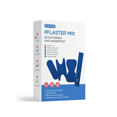 Abbildung von Pflaster Mix Set detektierbar &amp; wasserfest 50 Stk Blau Box mit Fingerpflaster lang, Fingerkuppenpflaster, Gelenkpflaster Strips Pflasterbox gefüllt für Reise Büro Pflasterset band aid