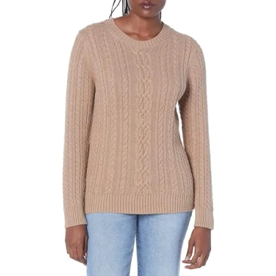 Abbildung von Amazon Essentials Damen Fisherman Cable Langarm Pullover mit Rundhalsausschnitt (in Übergröße erhältlich), Kamelbraun Meliert, S