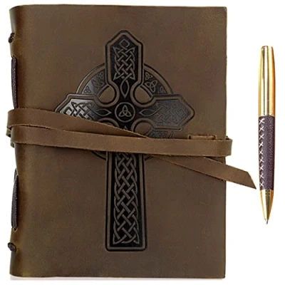 Abbildung von Leder Notizbuch A5 Tagebuch Journal Geprägt Keltisches Kreuz Handgemacht Reisetagebuch, Vintage Notebook Für Männer Frauen Antiken Rustikalen Echtes 21X15Cm Skizzenbuch Travelers