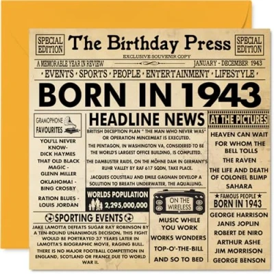 Abbildung von Geburtstagskarte zum 81. Geburtstag für Männer und Frauen, Zeitung &quot;Born in 4,935.2 cm Happy 81 Großvater, Oma, Vintage, Retro, Back 1943, 145 mm x mm, 80