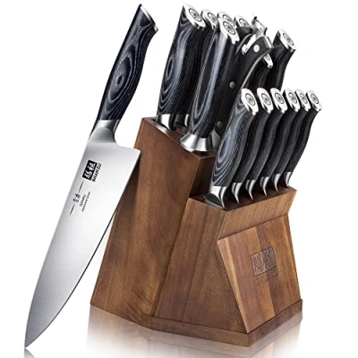 Abbildung von Messerblock mit Küchenmesser, SHAN ZU 16 tlg Messer Set Japanische Rostfreiem Super Stahl Kochenmesser Abnehmbarem Block &amp; K133 Ergonomischer Griff, Black Tortoise Genbu Serie