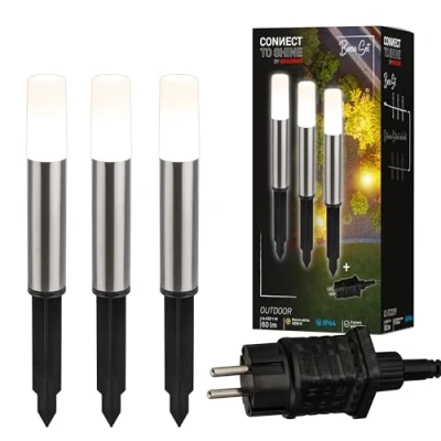 Abbildung von BRILONER Connect to Shine 12V Gartensystem 3er Set LED Pollerleuchte mit Erdspieß, Basisset Trafo, IP44, warmweißes Licht, Gartenbeleuchtung, Wegeleuchten, 36,5x4 cm, Silberfarbig