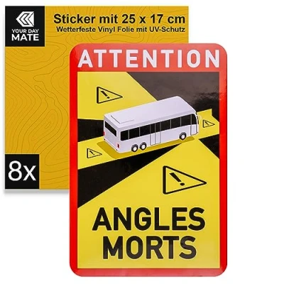 Abbildung von Aufkleber für Toter Winkel, 8 Stück, 25 x 17 cm, selbstklebende Folie Wohnmobil und Bus, vorgeschrieben KFZ ab 3,5 Tonnen in Frankreich, Attention Angles Morts Sticker, Wohnwagen Klebesticker