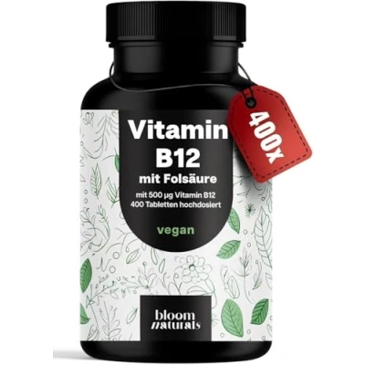 Abbildung von Vitamin B12 hochdosiert 400 Tabletten mit 500µg Vit + 200µg Folsäure zertifiziert Laborgeprüft Vegan &amp; Produziert in Deutschland