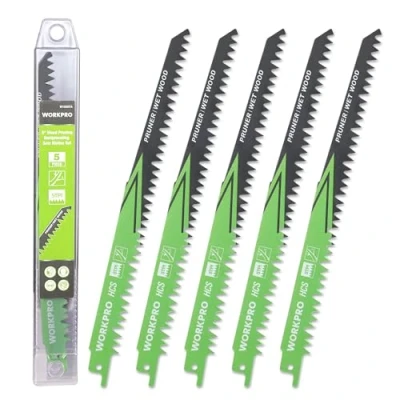 Abbildung von WORKPRO Säbelsägeblätter Set 5 teilig, Sägeblatt 230mm 5TPI aus HCS, zum Schneiden vom Zweigen, Kompatibel mit gängigen Säbelsägen