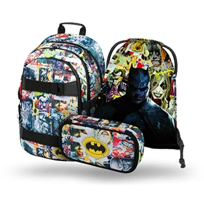 Abbildung von Baagl Schulrucksack Set Jungen Mädchen 3 Teilig, Schultasche ab 3. Klasse, Grundschule Ranzen mit Brustgurt, Ergonomischer Schulranzen (Batman Comics)