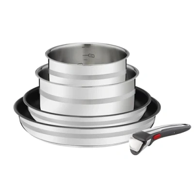Abbildung von Jamie Oliver by Tefal 5 teiliges Ingenio Kochgeschirr Set Induktion, 1 abnehmbarer Griff, 2 beschichtete Pfannen, Töpfe, für alle Herdarten geeignet, backofenfest, platzsparend, L9769632
