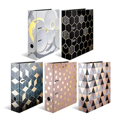 Abbildung von HERMA Ordner A4 Edel Set, 5 Stück, 7 cm breit, Kinder Ringordner mit Gold Muster, bunter Aktenordner glänzender Veredelung für Jungen und Mädchen