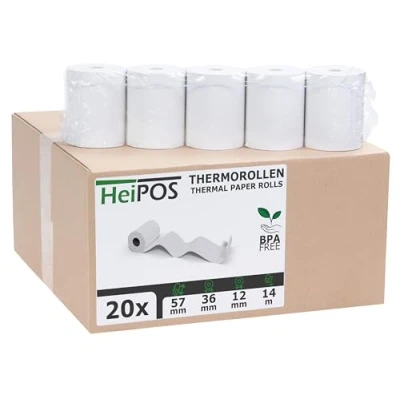 Abbildung von HeiGroup HeiPOS 20x Thermorollen BPA frei (B/Ø) 57mm / 36mm Länge 14m, Kern Ø 12mm, Flächengewicht 52 g/m2, Dicke 60 µm, 10 Jahre Haltbarkeit