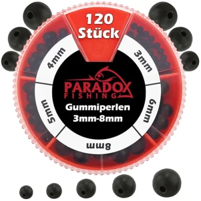 Abbildung von Paradox Fishing Gummiperlen Set 3mm 8mm I 120 Stück Angeln Stopper Perle zum Angelzubehör perfekt mit Gummistopper