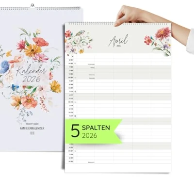 Abbildung von heaven+paper A3 großer Familienplaner 2026 mit 5 Spalten Wildblumen natur Kalender für Familien Feiertagen, Schulferien, Mond Wandkalender Familienkalender (Wildflower, Spalten)