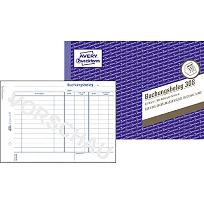 Abbildung von AVERY Zweckform 308 Buchungsbeleg (A5quer, mikroperforiert, von Rechtsexperten geprüft, für Deutschland zur lückenlosen Buchhaltung, mit T Konto, Buchungstext inkl. Unterschriftenzeile, 50Blatt) weiß