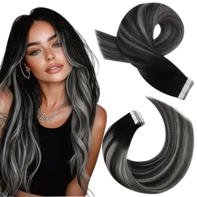Abbildung von Moresoo Tape in Extensions Schwarz Ombre Silber Remy Echthaar Balayage bis Unsichtbar Skin Weft Haarverlängerung Tapes 20 Stück 50 Gramm 55 cm