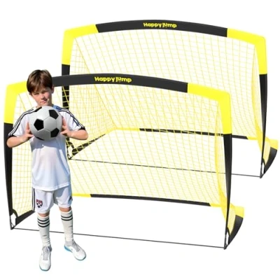 Abbildung von Happy Jump Fußballtor Pop Up Fußballnetz Fußballpfosten für Garten Fußballtrainingx2 (5&#039;x3,6&#039;, Schwarz+Gelb)