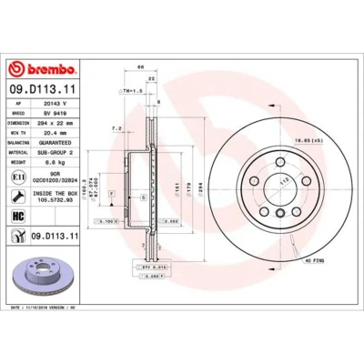 Abbildung von BREMBO 09.D113.11 Bremsscheibe 294 22 5 innenbelüftet beschichtet hochgekohlt mit Schrauben BMW: 3 Touring, Saloon