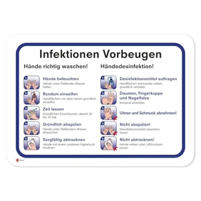 Abbildung von Anleitung zur Vorbeugung von Infektionen I 30 x 20 cm Hinweis Schild Gründlich Hände waschen und desinfizieren Handdesinfektion Hygienemaßnahmen Aushang Beschilderung hin_603