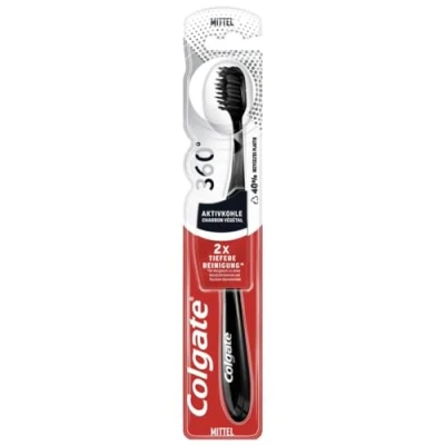 Abbildung von Colgate Zahnbürste 360 Aktivkohle,1 Stück mit mittelharten Borsten und Aktivkohle für eine gründliche Zahnreinigung integrierter Wangen Zungenreiniger