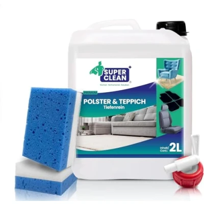 Abbildung von SUPER CLEAN Polster und Teppich Tiefenrein Polsterreiniger Konzentrat für alle Arten von Polstern, Teppichböden, Autositzen, Sofa oder Couch Inhalt: 2 Liter + Polsterschwämme