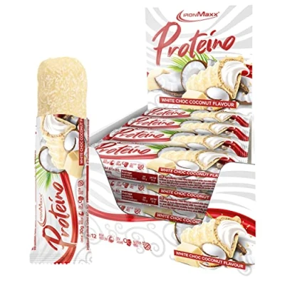 Abbildung von IronMaxx Proteino Proteinriegel White Choc Coconut 12 x 30g High Protein Bar auf Waffelbasis mit cremiger Füllung zuckerreduzierter Eiweißriegel glutenfrei und palmölfrei