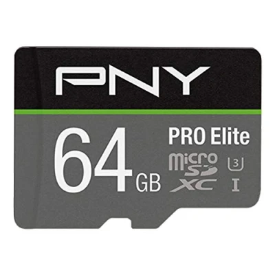 Abbildung von PNY PRO Elite 64GB microSDHC Speicherkarte + SD Adapter, 100MB/s Lesegeschwindigkeit, 90MB/s Schreibgeschwindigkeit, Klasse 10 UHS I, U3, A1 App Performance, V30 für 4K Video, Schwarz, Grau