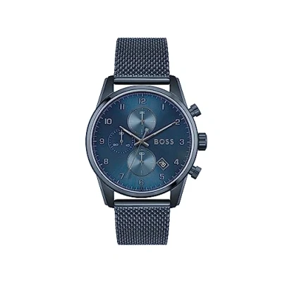 Abbildung von BOSS Chronograph Quarz Uhr für Herren mit Blaues Edelstahl Mesh Gliederarmband 1513836