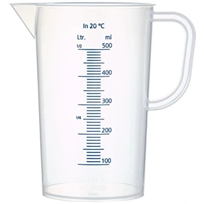 Abbildung von neoLab Messbecher 500ml aus Polypropylen autoklavierbar Milchig transparenter Kunststoff 10ml Skalierung in blau Bruchsicher &amp; spülmaschinenfeste Messkanne mit Ausguss und Griff