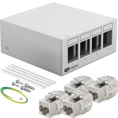 Abbildung von HB DIGITAL 4 Port Patchpanel Patchfeld Verteilerfeld 1 HE 4X CAT 7 RJ45 Keystone Jack Modul vollgeschirmt STP 10 Gbps Kompatibel mit Verlegekabel Netzwerkkabel Ethernet LAN Hellgrau