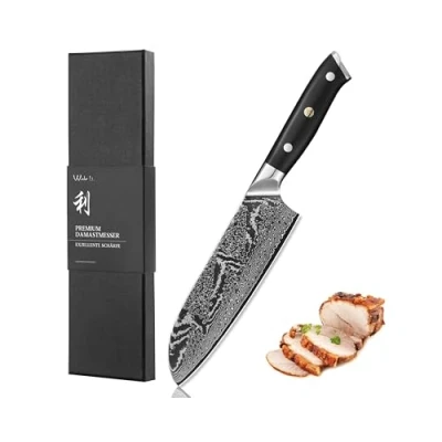 Abbildung von Wakoli Nitoko Damastmesser Santoku Messer 18 cm Klinge aus 67 Lagen echtem Damaststahl, G10 Griff, durchgehender Erl Premium Damast Küchenmesser &amp; Kochmesser in Geschenkverpackung