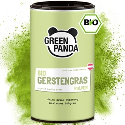 Abbildung von Green PANDA® Bio Gerstengras Pulver aus Österreich Gerstengrassaft für grüne Smoothies, Super Shakes, Chlorophyll zum Trinken in nachhaltiger Dose Karton 125g