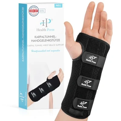 Abbildung von Health Press® Handgelenk Bandagen 1x Handgelenkstütze (M, Links) Karpaltunnel Handgelenkstütze mit Metallschienen Karpaltunnelsyndrom Schiene zur Unterstützung, Stabilisierung, Immobilisierung