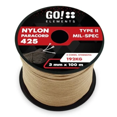 Abbildung von GO!elements 100m Paracord Seil aus reißfestem Nylon 3mm 425 Typ II max. 192kg Schnüre als Outdoor Seil, Allzweckseil, Survival Armband, Hundeleine, Nylonschnur, Farbe: Sand